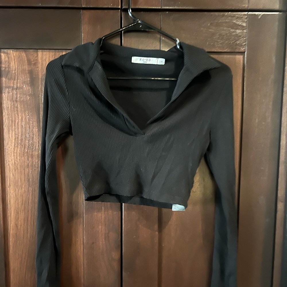 Naked Wardrobe Black Fitted Crop Collared Shirt